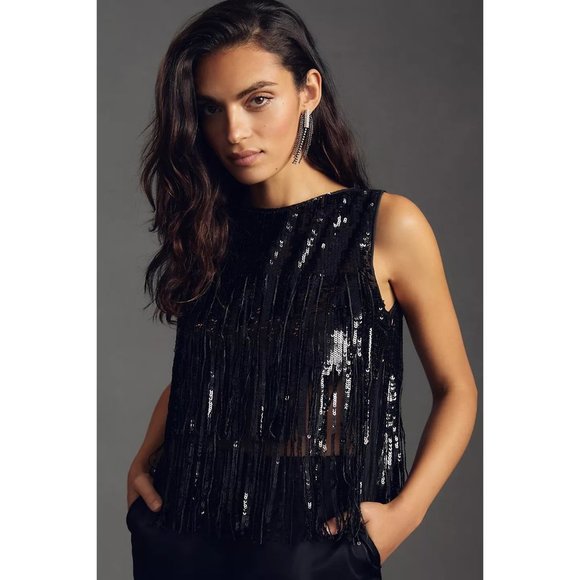Anthropologie Eva Franco Black Sequin Crop Top with Fringes - Picture 5 of 6
